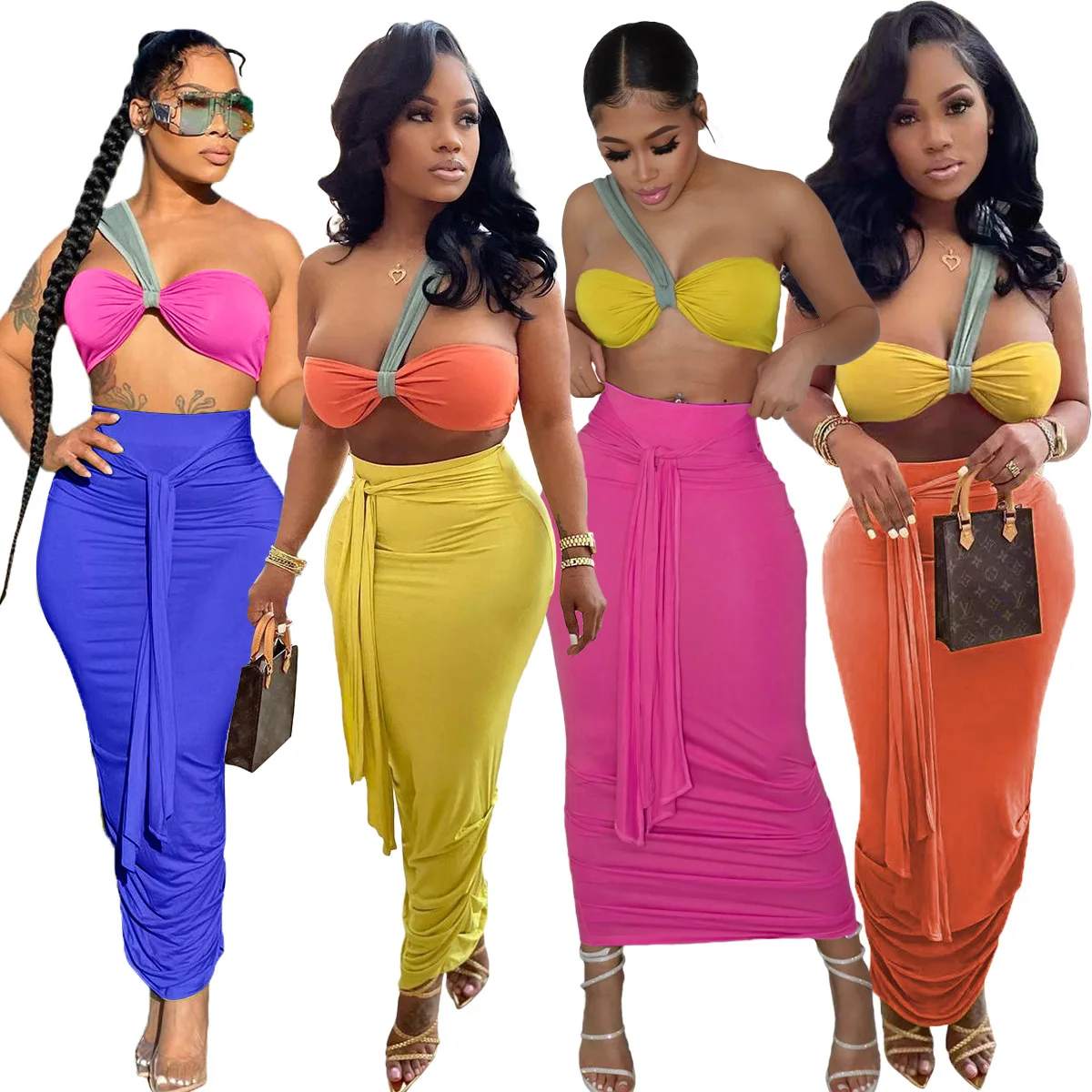 

Sexy Bra 2 Pieces Skirt Sets One Shoulder Patchwork Crop Top and Lace Up Drapped Long Skirts Women Party Clubwear Summer Clothes