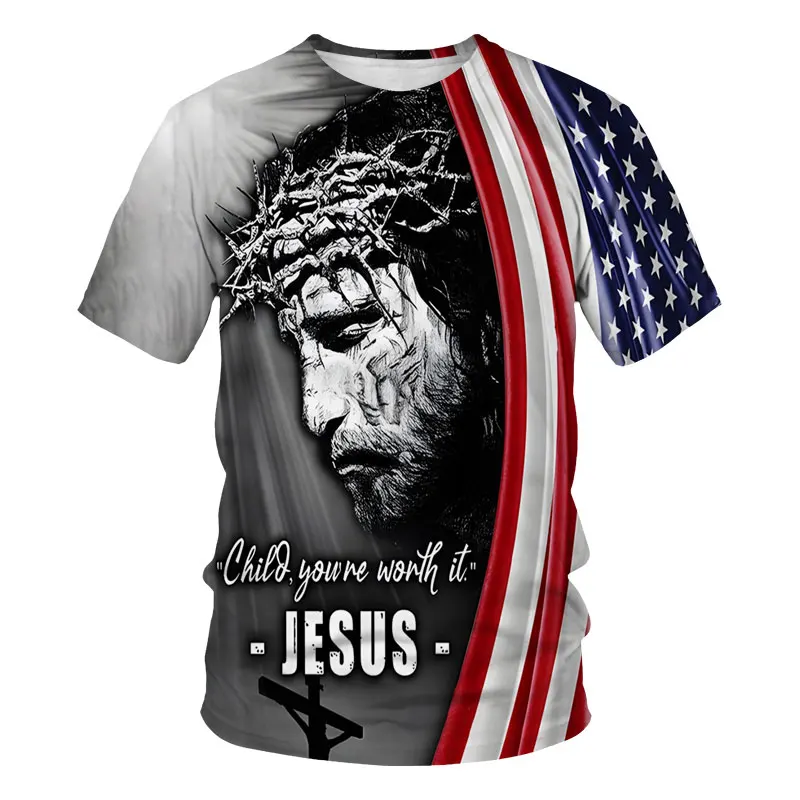 

2023 New Summer Vintage Jesus Christ Crucifix T-shirt For 3d Printed Men Freedom Flag Oversized Short Sleeve Tops Tee Shirt Man