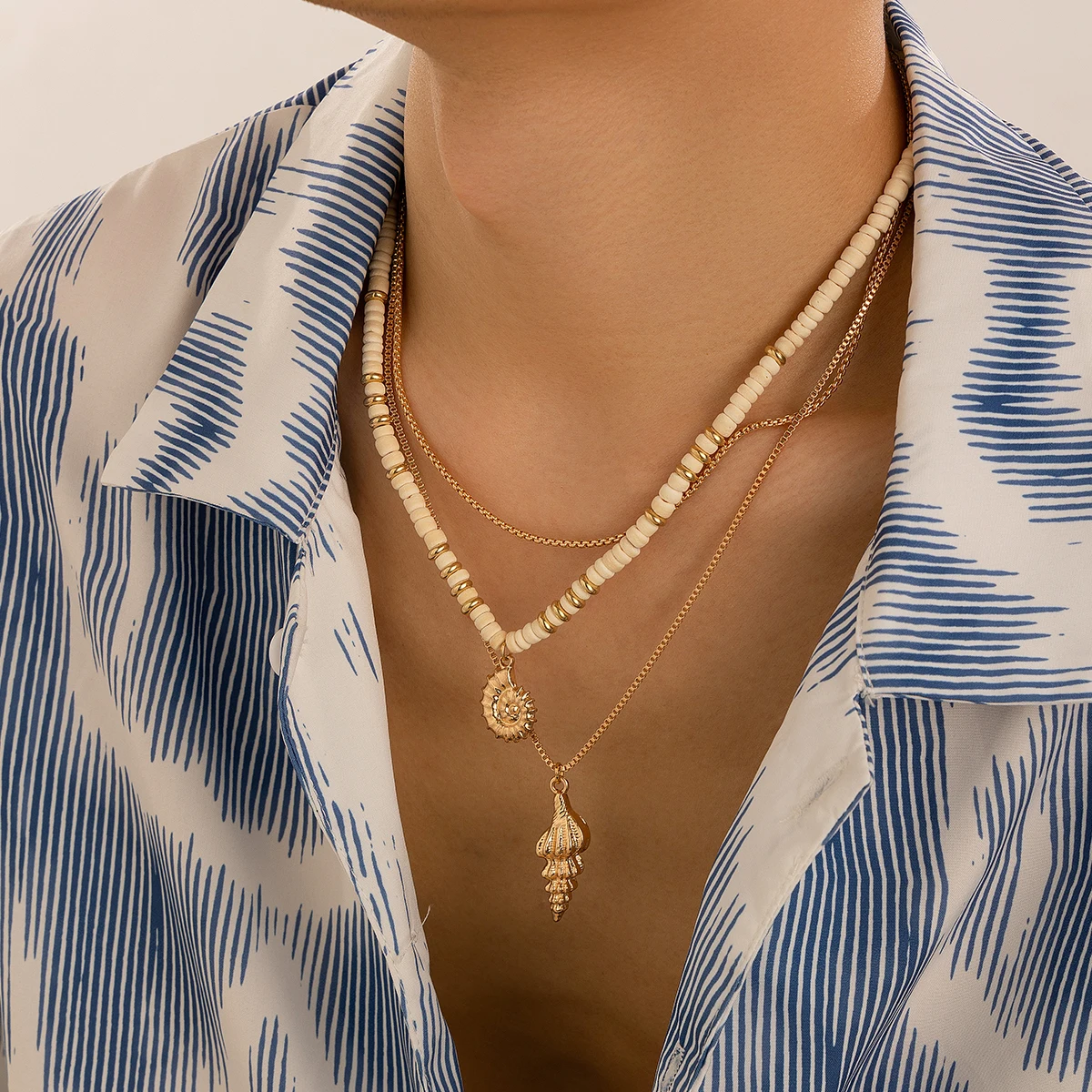 KunJoe Набор мужских колье в богемном стиле 3 шт. цвет золото искусственное ожерелье