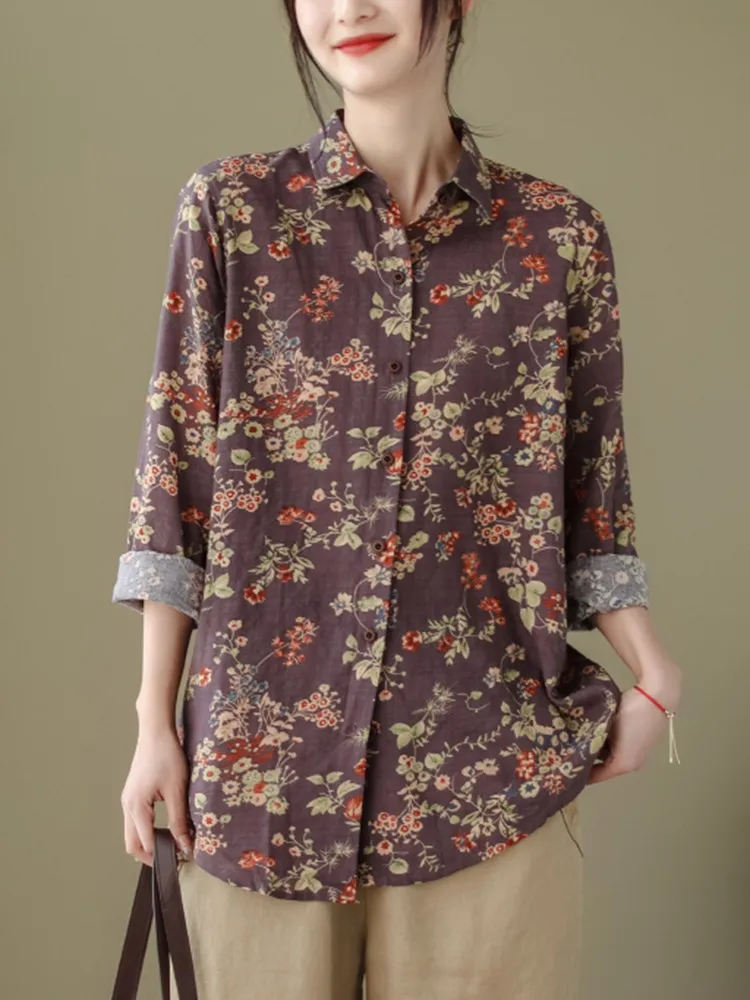 

Женские повседневные рубашки с длинным рукавом, Новое поступление 2023, весенние свободные женские топы в винтажном стиле с цветочным принтом из хлопка и льна, рубашка B2368