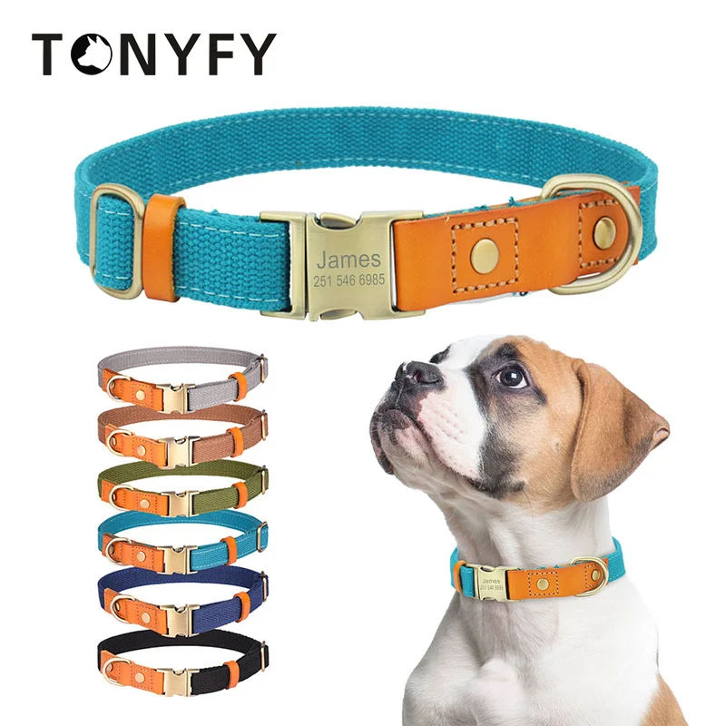 

Personalized Nylon Dog Collar Durable Vintage Customized ID Collars Free Engraved Name Adjustable for Small Medium Large Dogs