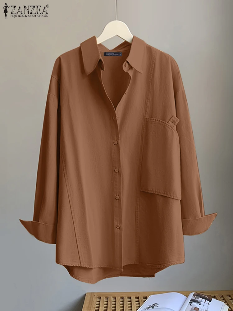 

Рубашка ZANZEA Женская с длинным рукавом, модная офисная Повседневная однотонная свободная туника, большие размеры, 2023
