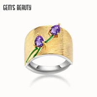 gems beauty original handmade real 925 sterling silver statement ring jewelry gift natural gemstone amethyst gold plate tulip