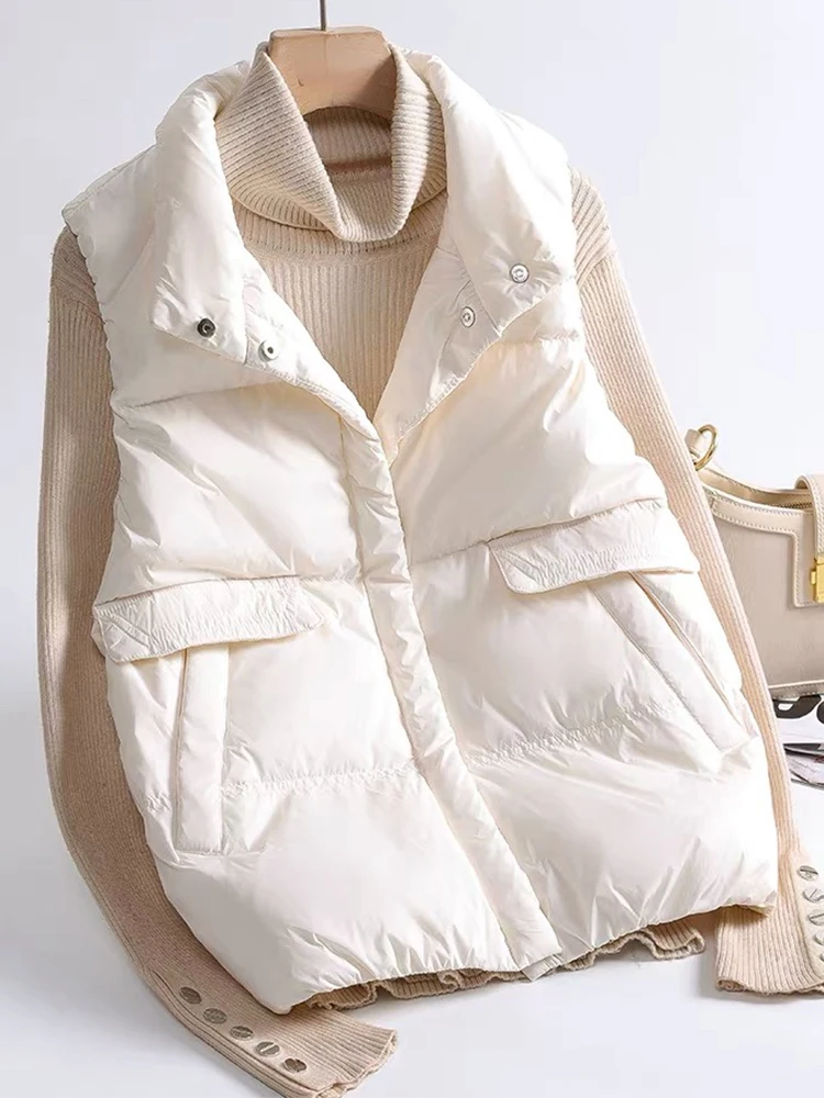 New Autumn Winter Single Breasted White Duck Down Vest Women Casual Stand Collar Pockets Jacket Fashion Sleeveless Coat