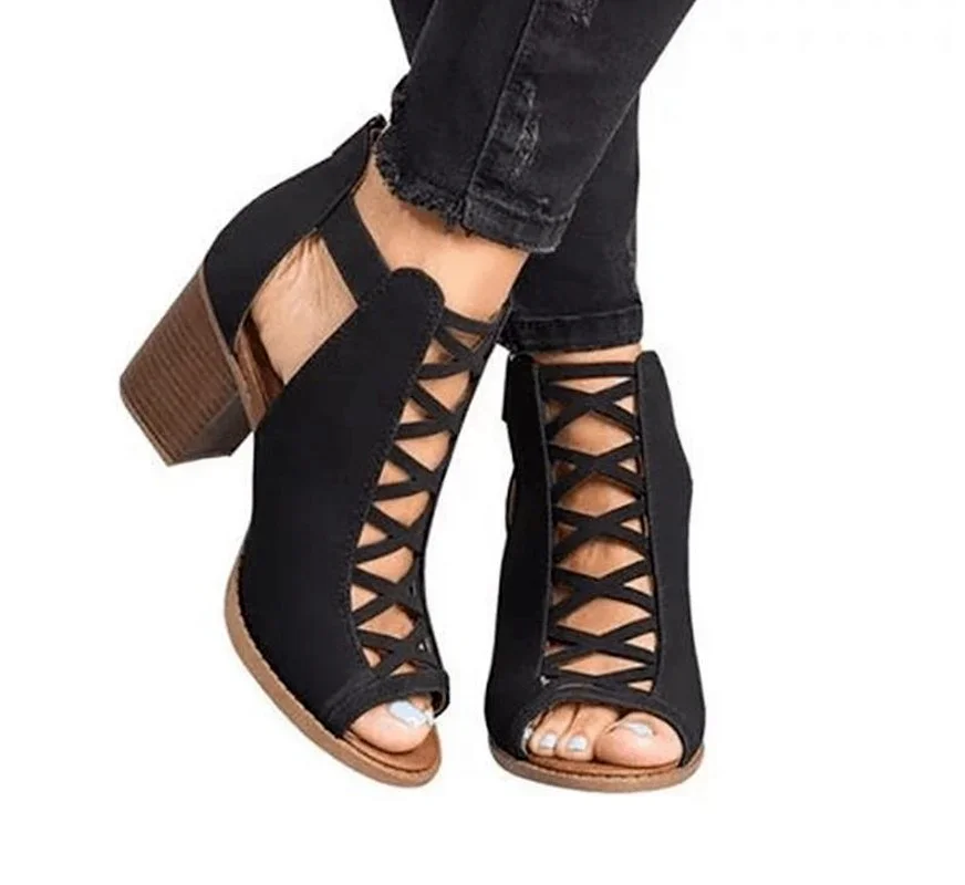 

2021 New Spring Summer Sexy Casual Rome Ankle Boots Ladies Sandals Women's Shoes Middle High Heels Large Size 43 Black