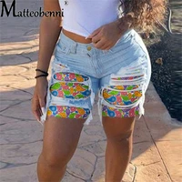fashion casual denim shorts summer new womens patchwork print ripped patch jeans lady sexy high waist knee length straight short