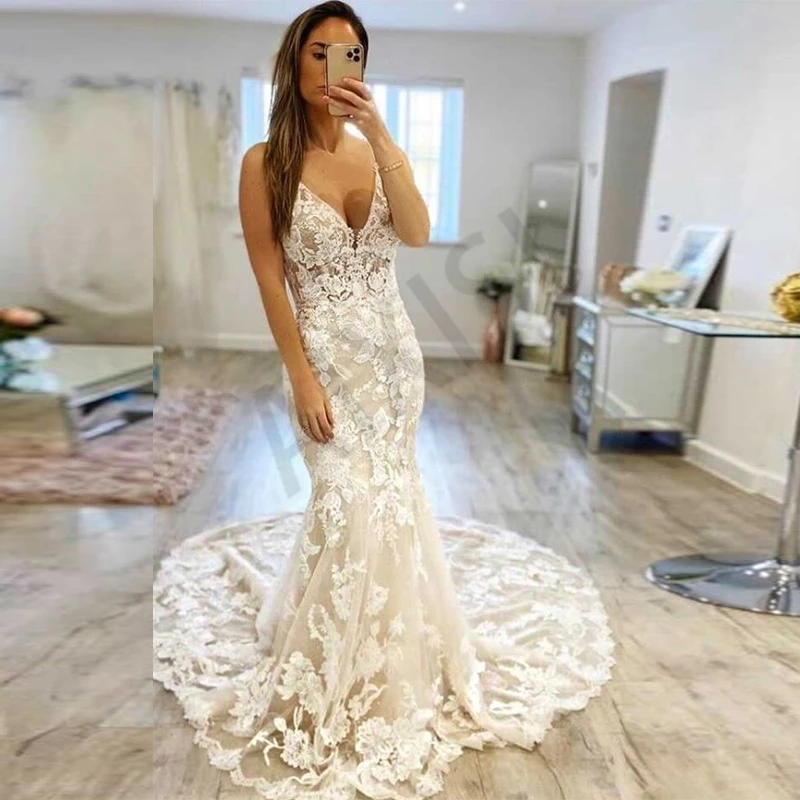 

Exquisite Wedding Dresses Appliques Lace Bride Vestido Mermaid Spaghetti Strap Deep V Neck Formal Illusion Robe de mariee