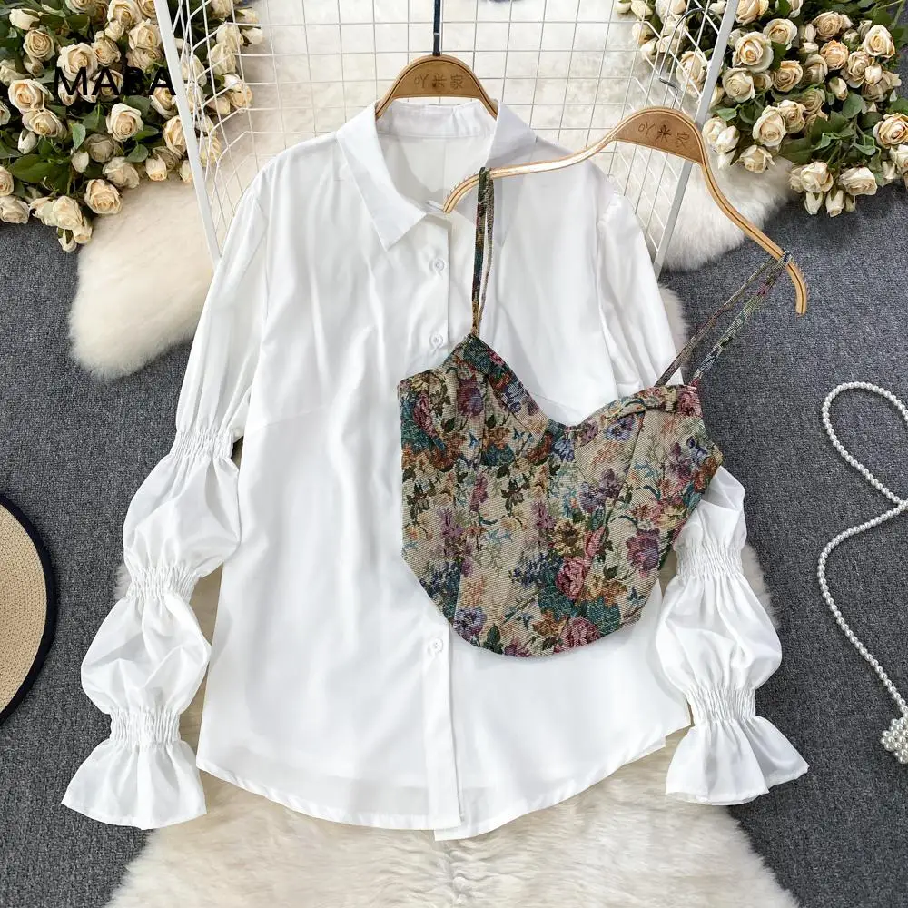

2023 New High-end White Shirt Dress Female Designer Luxury Printed Vest Elegant Chic 2-piece Set Korean Shirts Outfits Y2k Suit