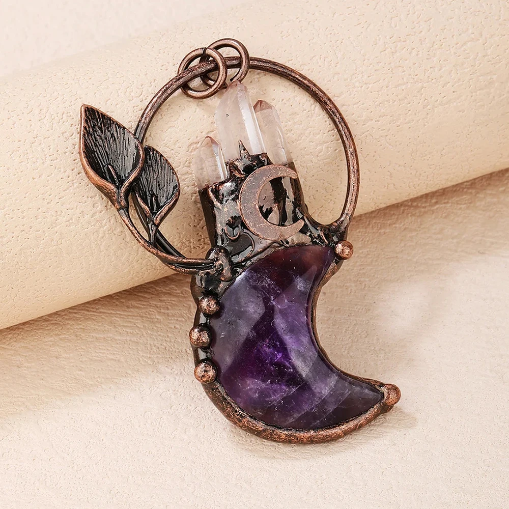 

Mineraali Real Amethyst Stones Moon Leaf Shape Bronze Metal Pendant Natural Clear Quartz Crystal Point Gemstone Charm Necklace