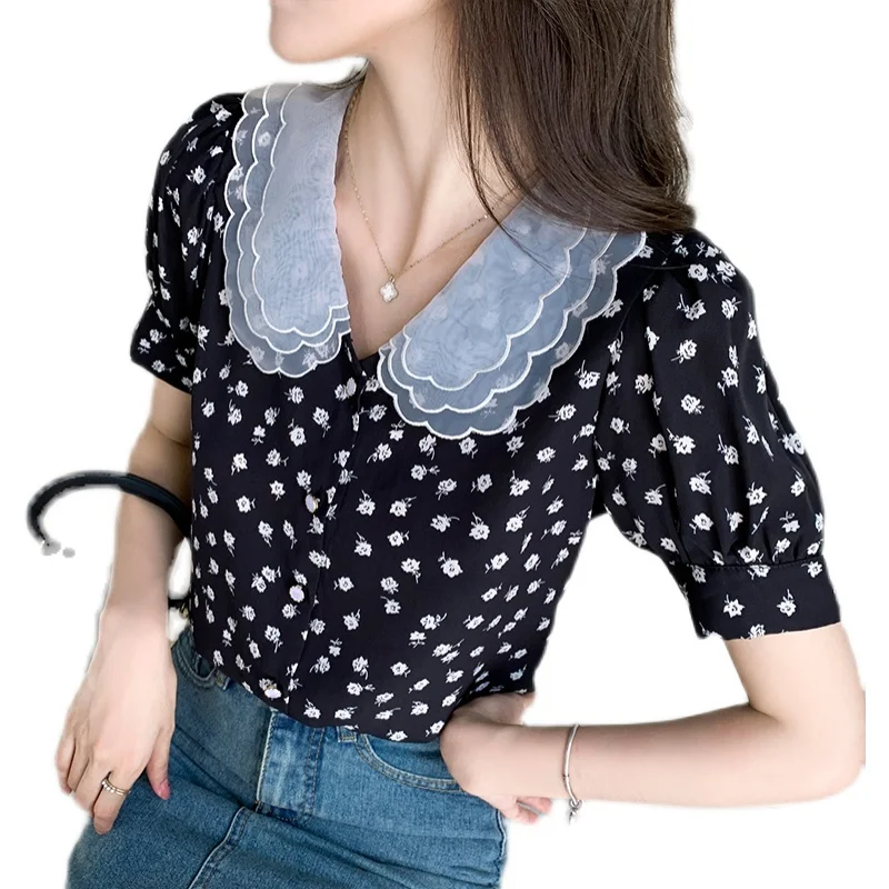 Женская винтажная блузка с коротким рукавом милый цветочный топ в стиле