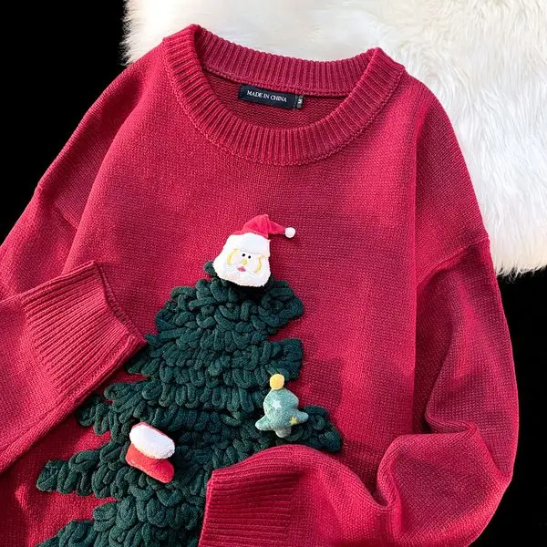 Christmas tree decorated Women sweater round neck long sleeve loose embroidered 2YK winter knitted pullover Stitch Santa