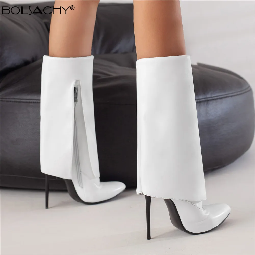 

Autumn Boots 2022 Fashion Pointed 12cm Thin Heels Mid-Calf Short Boots Zip Designer Luxury Leather Shoes for Women Female Dress