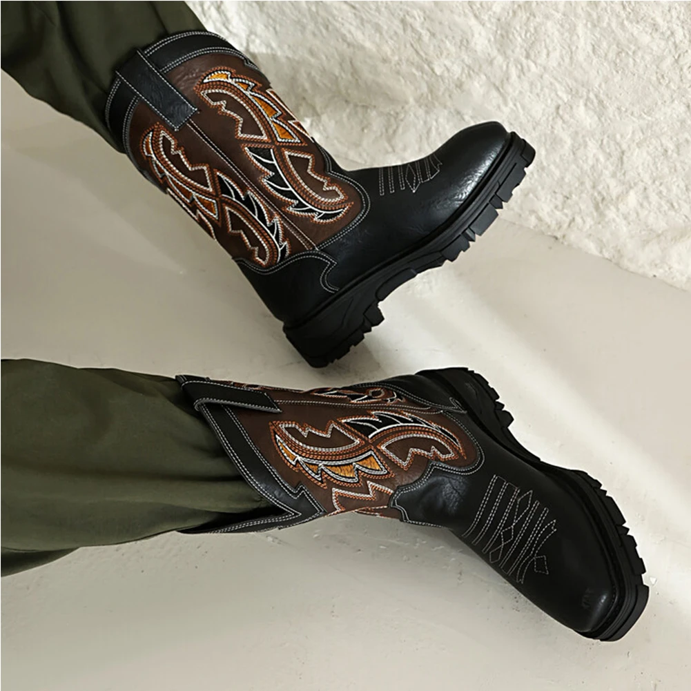 

Ботинки BONJOMARISA женские с вышивкой, ковбойские сапоги на толстой высокой платформе в западном стиле, модная Ретро Классическая обувь