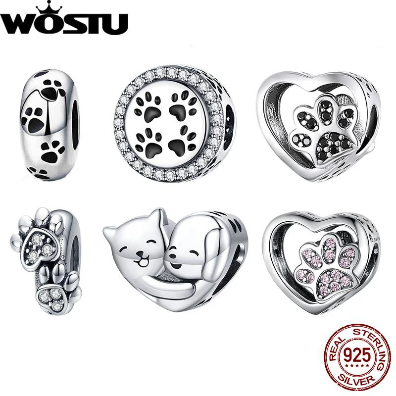 WOSTU 925 Sterling Silver Beads Dog Puppy Cat Paw Charms Fit Original Bracelets Necklaces DIY Jewelry For Women With Shiny CZ