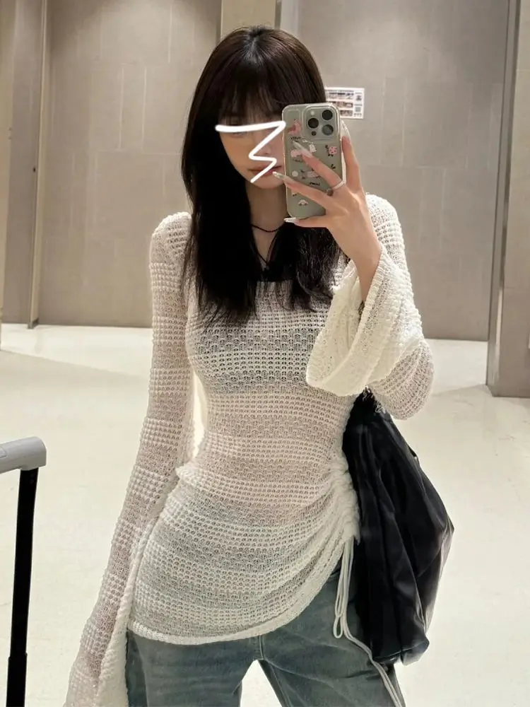 Трикотаж с длинными рукавами и вырезами тонкий новый пляжный накидка на шнурке