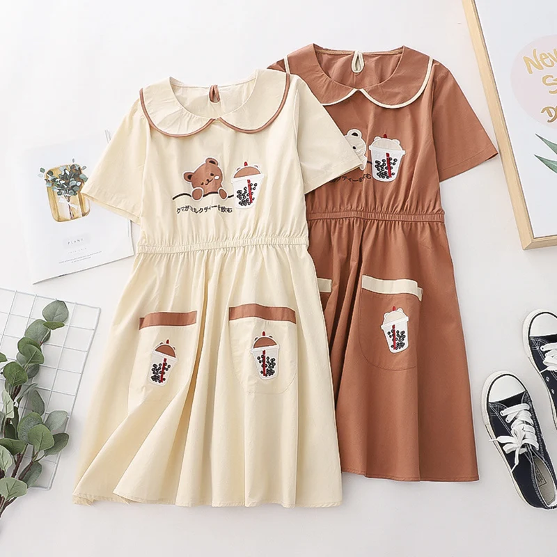 

Summer School Of Japanese Cartoon Bear Embroidery Dress Women Peter Pan Collar Short-sleeved Female Kawaii Mori Girl Dress U399