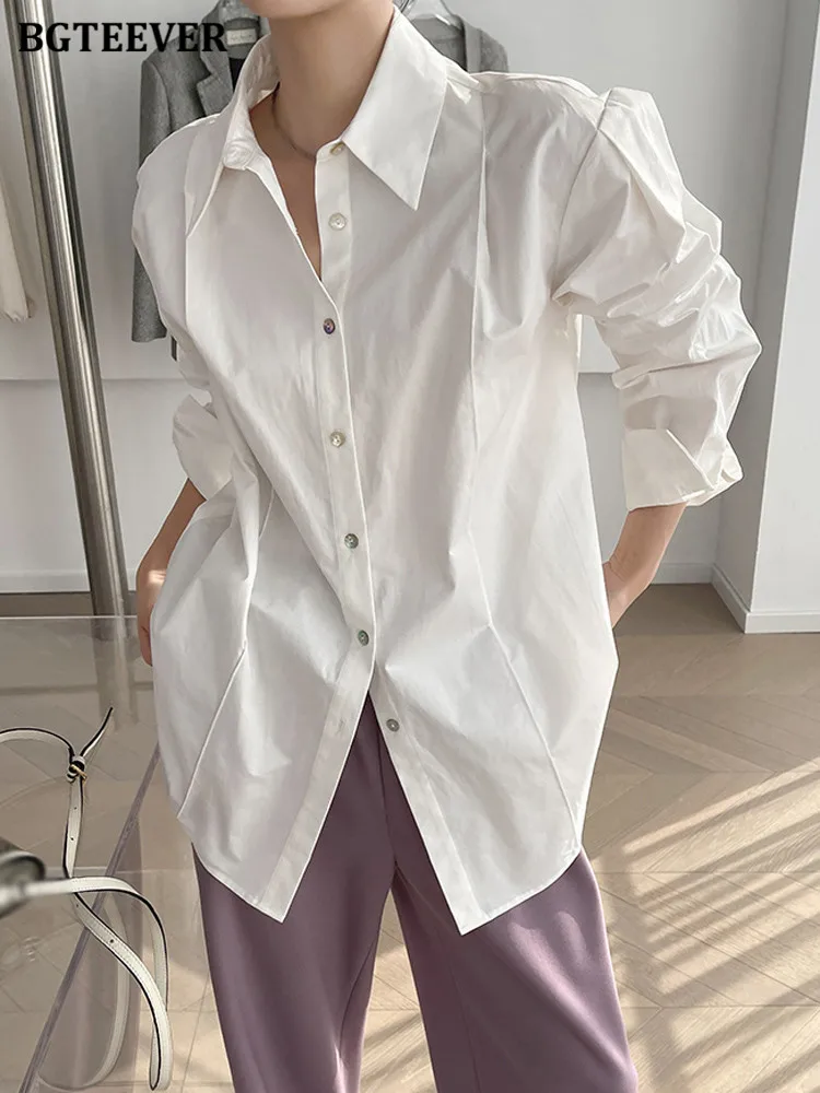 

Женская Однотонная рубашка BGTEEVER Chic с отложным воротником, с длинным рукавом, однобортная свободная повседневная женская блузка, женские то...