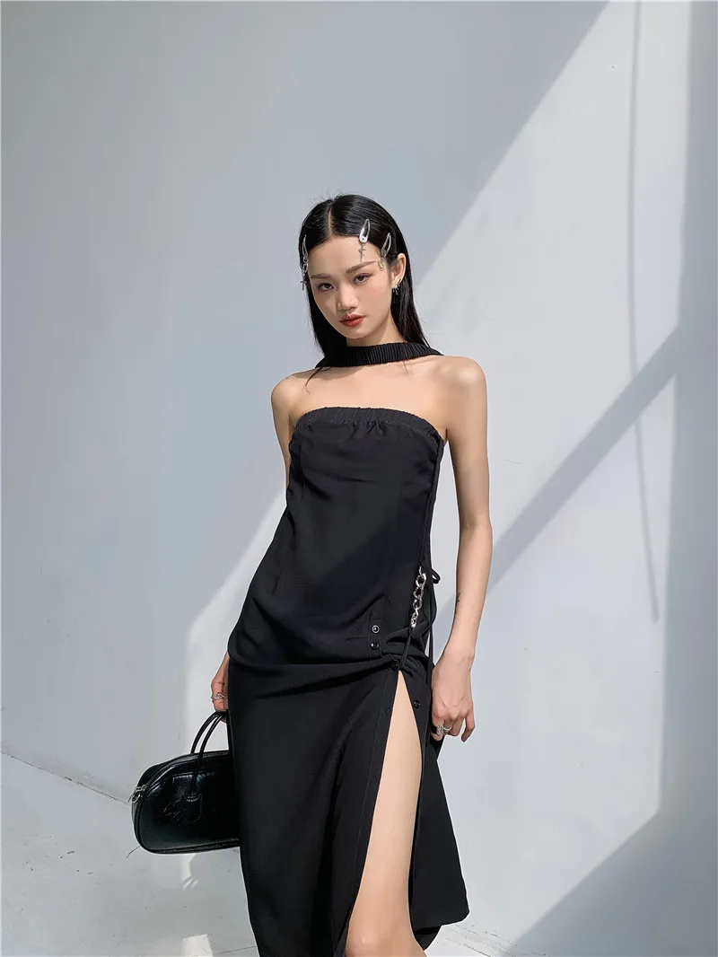 

SuperAen 2022 Summer A Line Casual Side Split Black Slash Neck Strapless Woman Dress