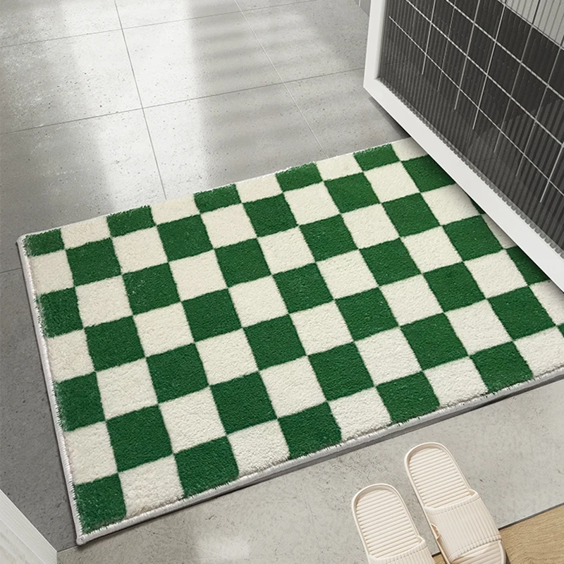 

Checkerboar Furry Non Slip Bathroom Mat Thickened Bathroom Rug Home Decoration Entrance Door Mat Bedroom Carpet Floor Mat