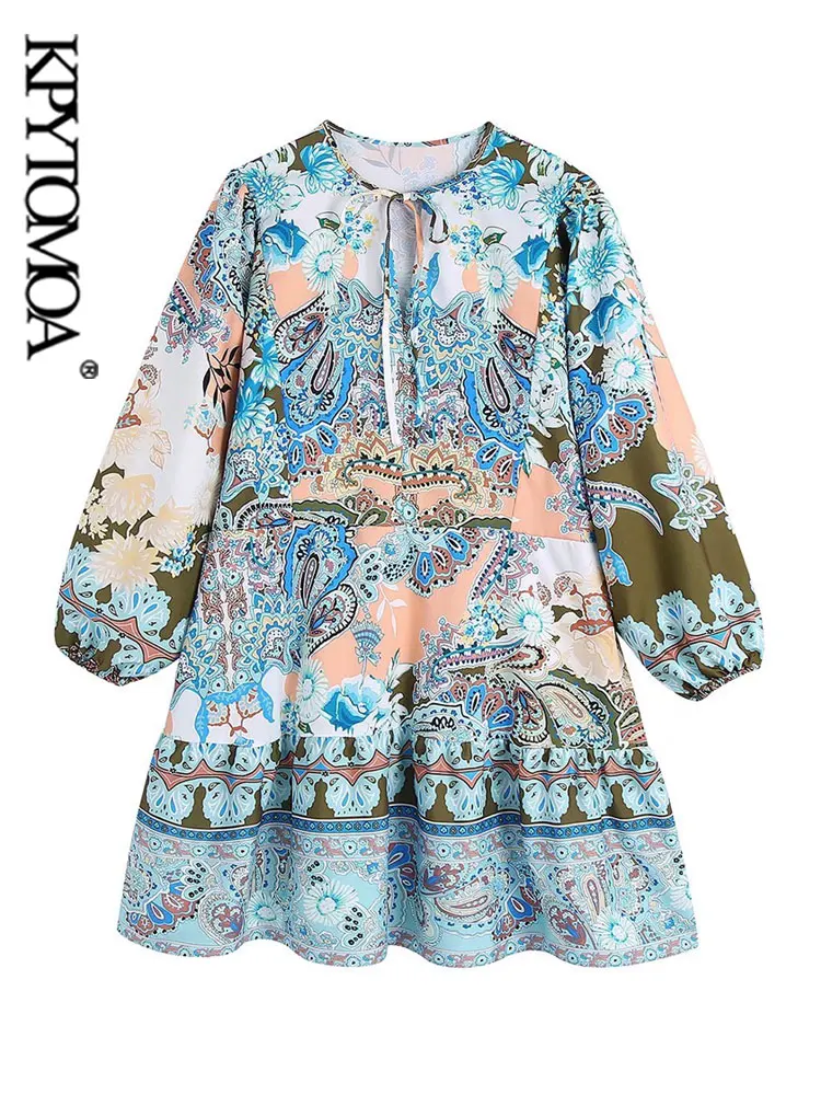 

KPYTOMOA женское модное с галстуком мини-платье с принтом Винтажное с круглым вырезом рукавом три четверти женские платья Vestidos Mujer