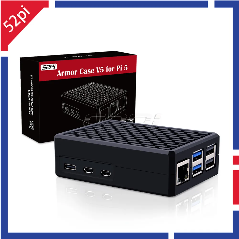 52Pi Raspberry Pi 5 Armor чехол V5 черный алюминиевый сплав полный комплект блока питания с