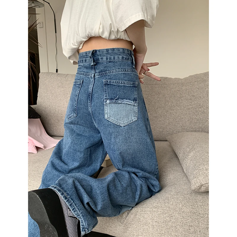 Синие винтажные женские джинсы с высокой талией модная уличная одежда