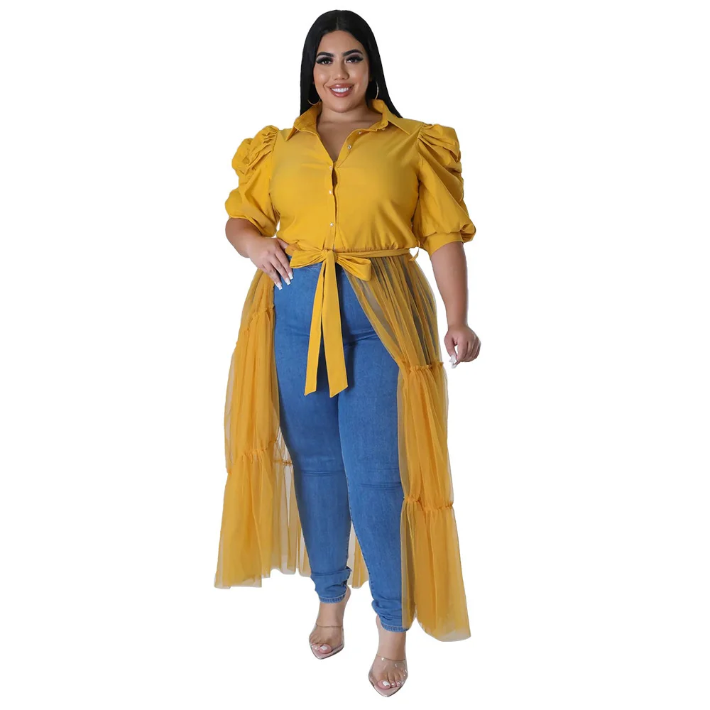 Plus Size Summer Fashion Women Mesh Shirt Dress Big Size Clothing Short Sleeves Belt Turn Down Neck Bu 3xl 4xl 5xl 6xl