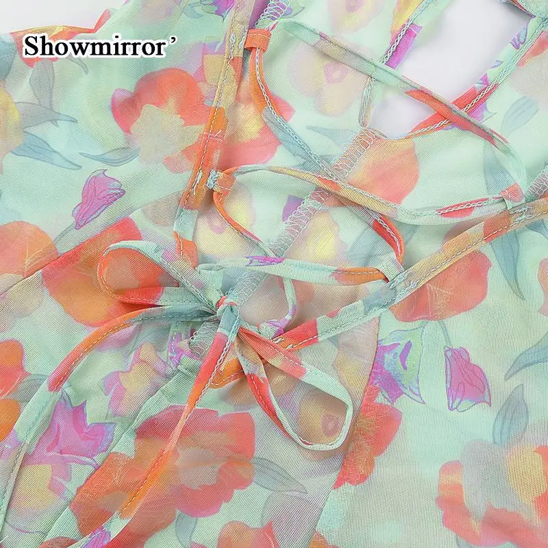 Showmirror милый сетчатый цветочный принт с открытой спиной женский облегающий