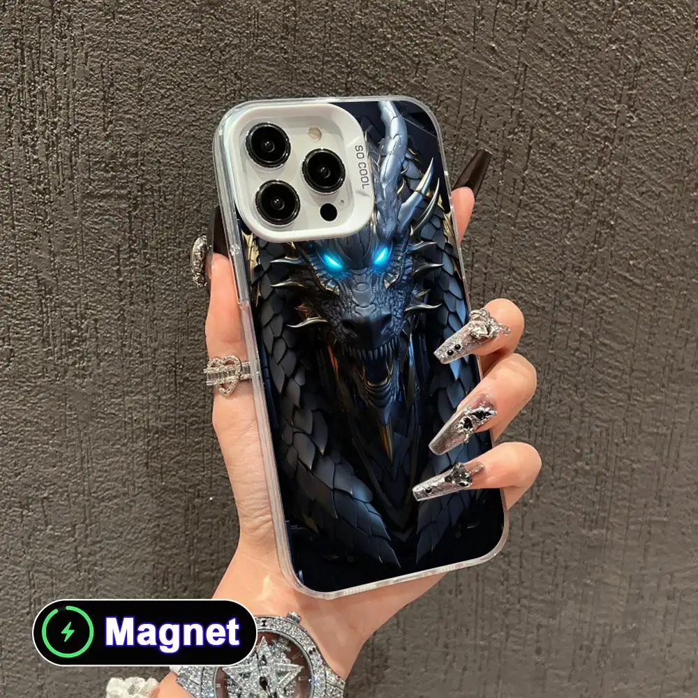 Фото Чехол для телефона «Робот-Дракон» для iPhone 17, 16, 15, 14, 13, 12, 11, X, XR, XS, Air, Pro, Max, Plus, цветной, серебристый, с магнитом №1