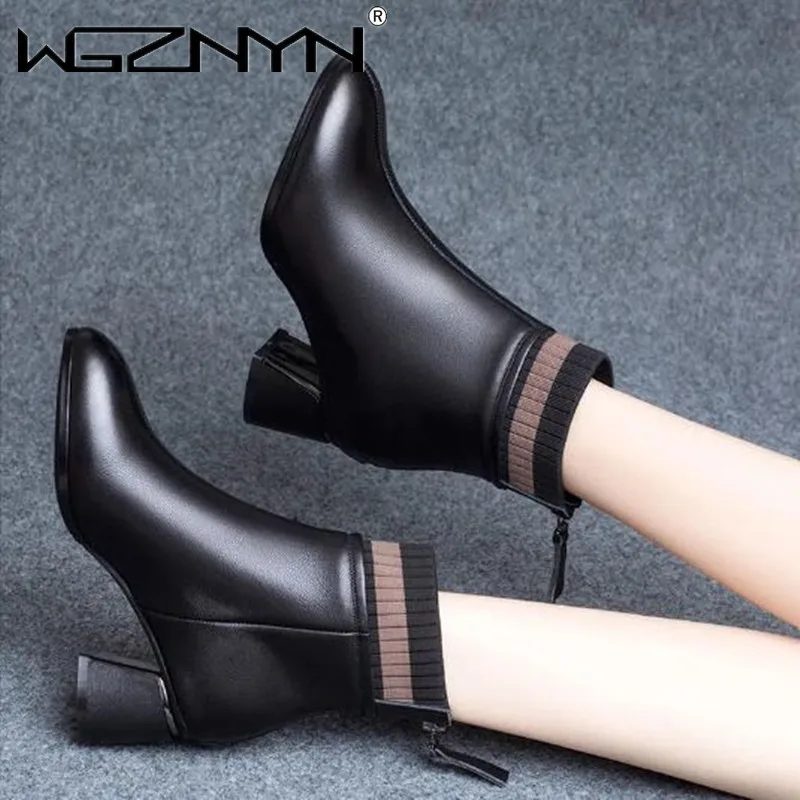 

2022 NEW Women's Classic Slip on Solid Simplicity Short Boots Ladies Wedges Heels Square Toe Back Zipper Shoes Casual PU Leather