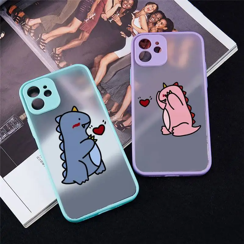 

Cute Cartoon Dinosaur Couple Phone Case For iPhone 13 12 11 Mini Pro XR XS Max 7 8 Plus X Matte transparent blue Back Cover