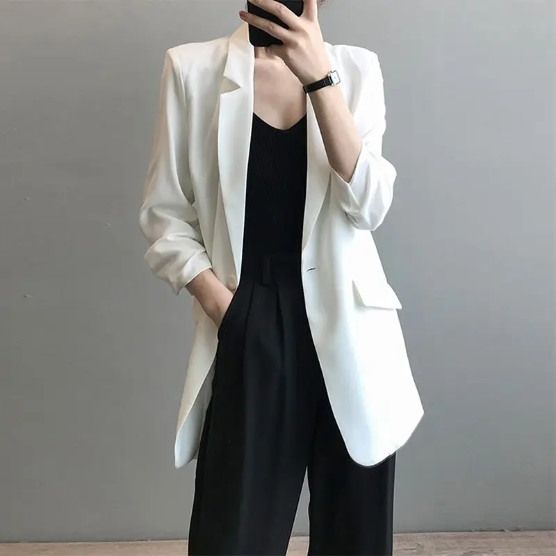2023 Summer Chiffon Small Suit Jacket Women Thin Hang Loose Casual Slim Mid-length White