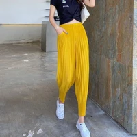 2022 new spring miyake high elastic waist trousers women pleated harem pants casual loose pockets fold solid color ds2584