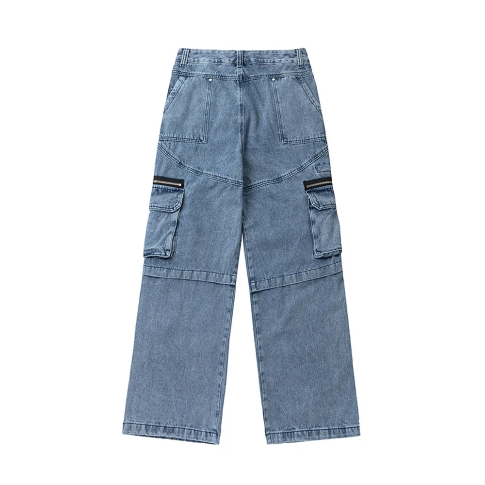 Blue Mens Loose Cargo Jeans Fashion Side Zip Pockets Washed Baggy Denim Pants High Street Hip Hop Vintage Ripped Jean Oversized