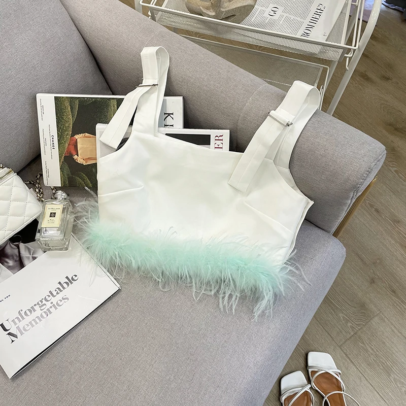 

Chic Patchwork Feather Spaghetti Strap Vest for Women Square Collar Sleeveless Casual Tank Tops Female Fashion New Clothing 2023