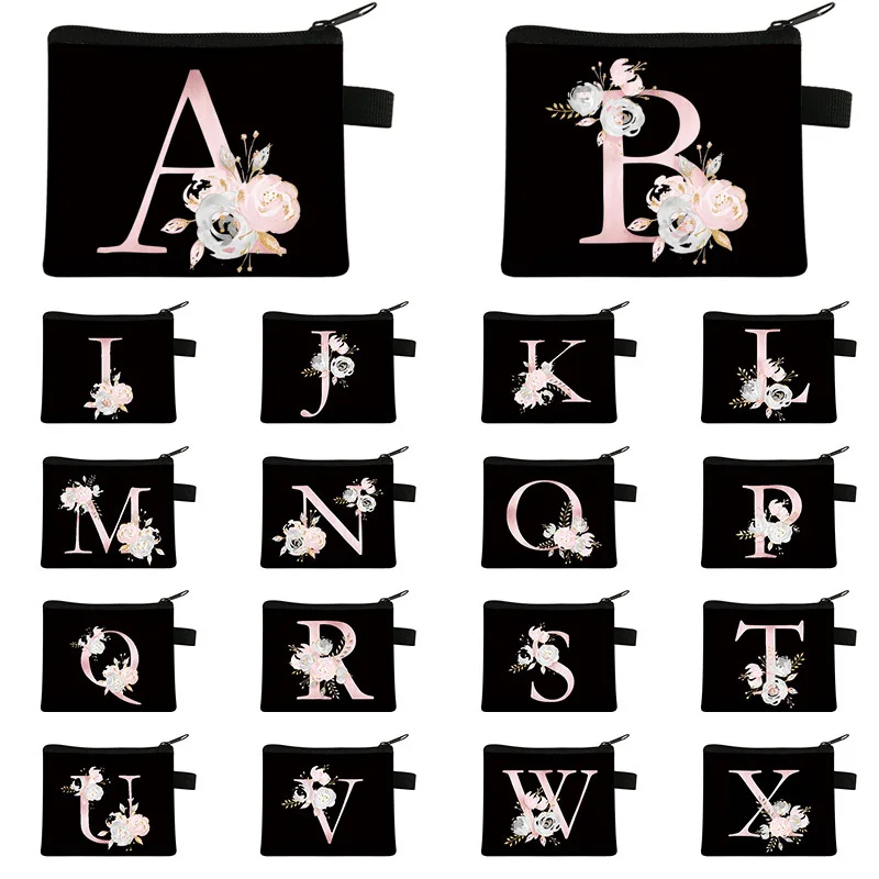 

26 Initials Letter Flower Coin Purse Portable Card Holder Zipper Money Pouch Women Mini Wallet Small Lipstick Bags Coin Bag Gift