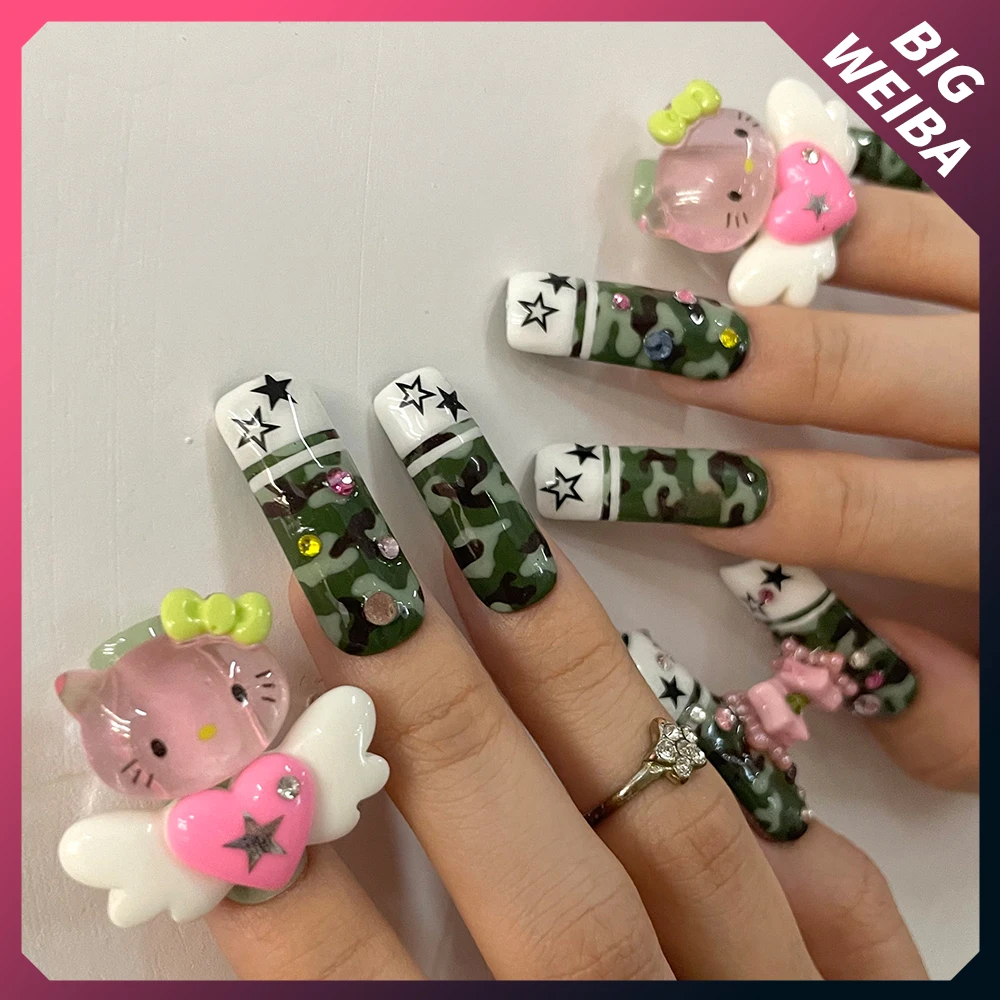 

New Camouflage Hello Kitty Long Coffin Nail Cartoon Y2K Fashion Travel Green Nail Slice Handwork Customizable Woman's Gift