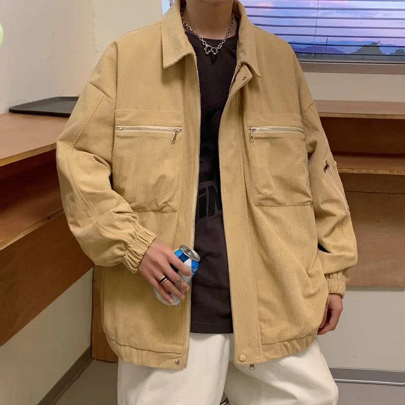 

Mens Streetwear Loose Bomber Jacket Men Coat Autumn Zip Corduroy Jacket Men Fashion 4 Colors Retro Casual Pocket Lapel Jackets