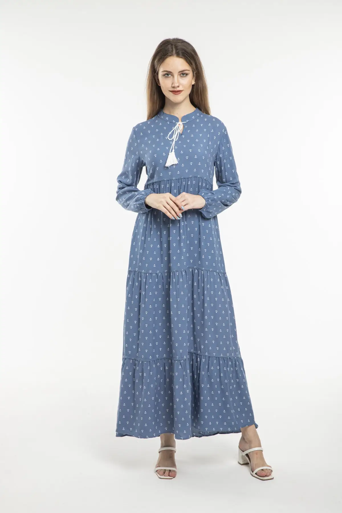 Женское платье-хиджаб в горошек, синее повседневное удобное платье из 100% вискозы с длинным рукавом и воротником на шнуровке