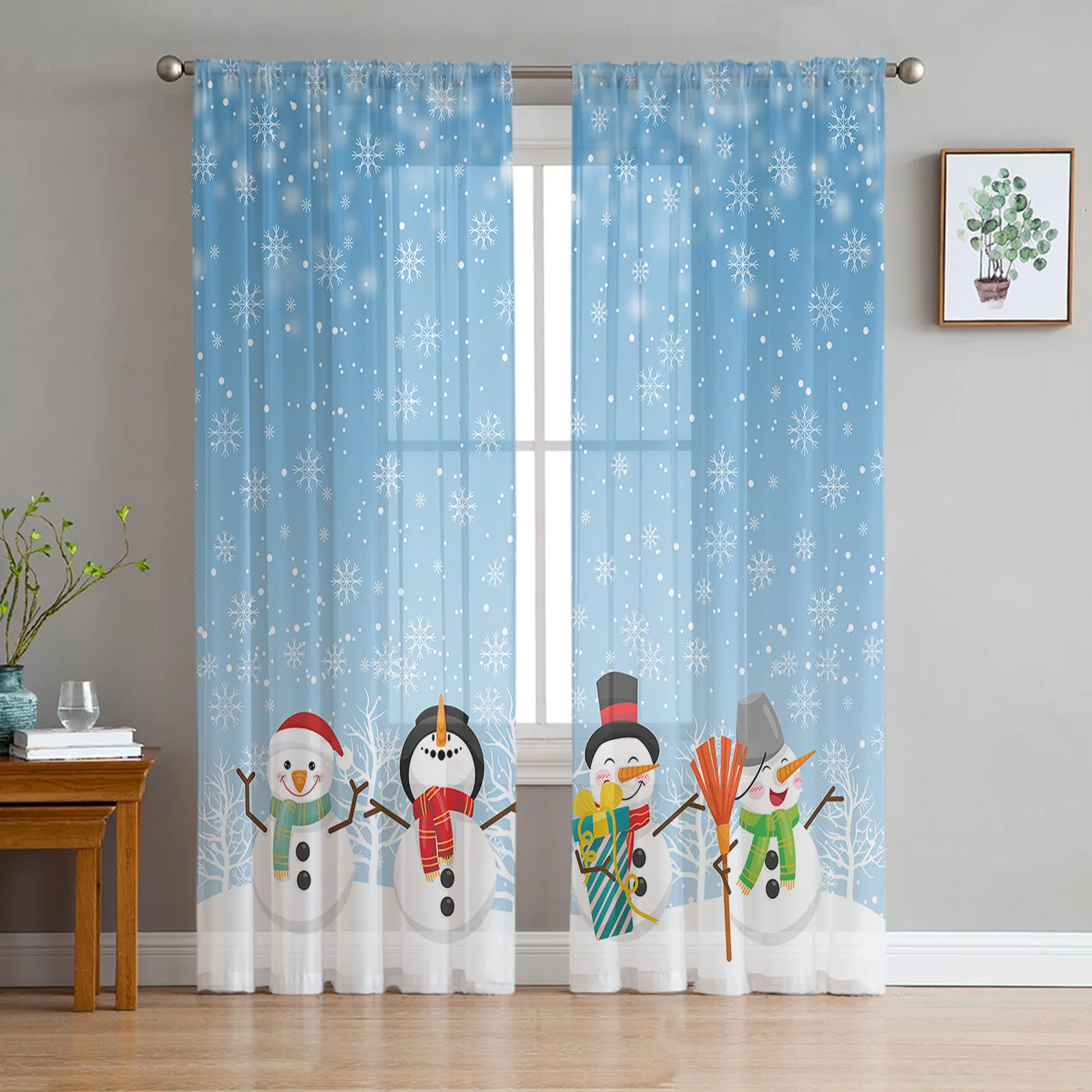 

Christmas Snowman Snowflake Blue Tulle Curtains for Living Room Sheer Voile Curtain for Bedroom Kitchen Window Drapes Blinds