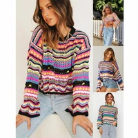 2022 autumn and winter asian new european and american stitching sweater loose round neck striped sweater women