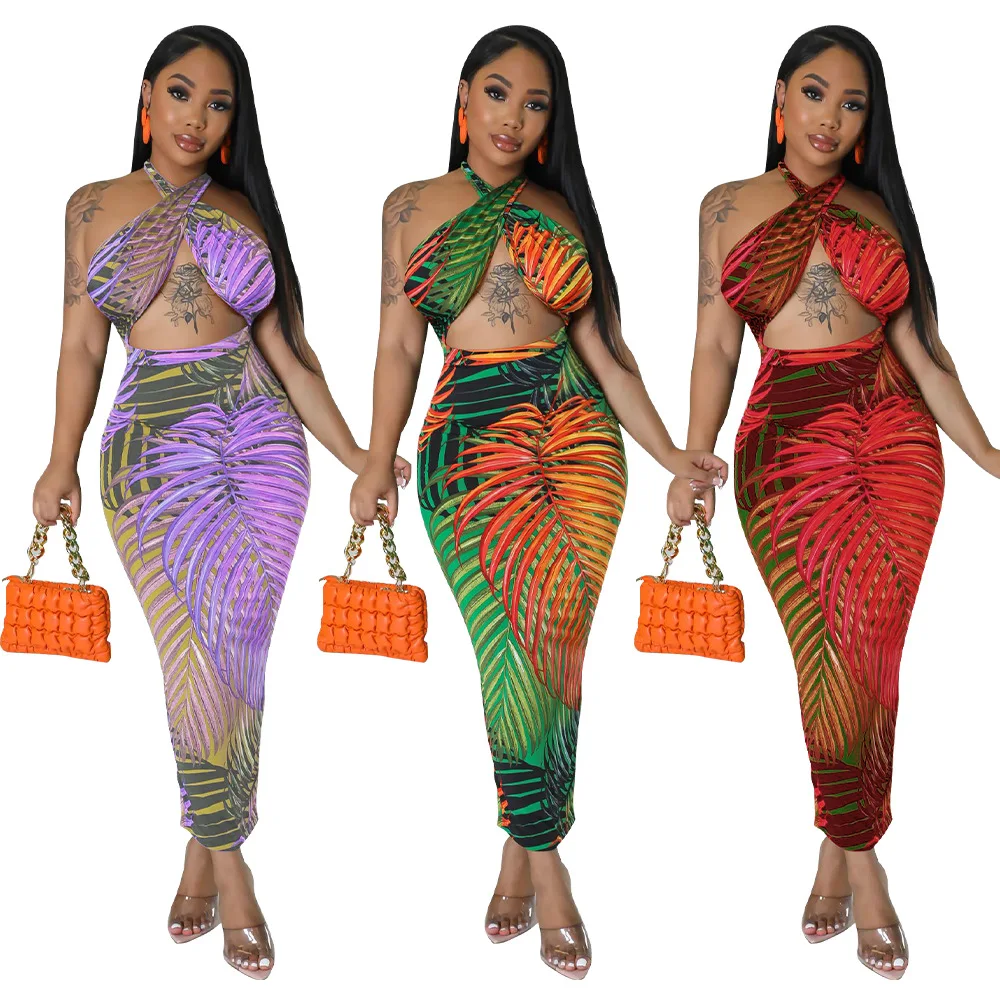 

2023 женское платье, новое Европейское и американское сексуальное платье с разрезом и принтом