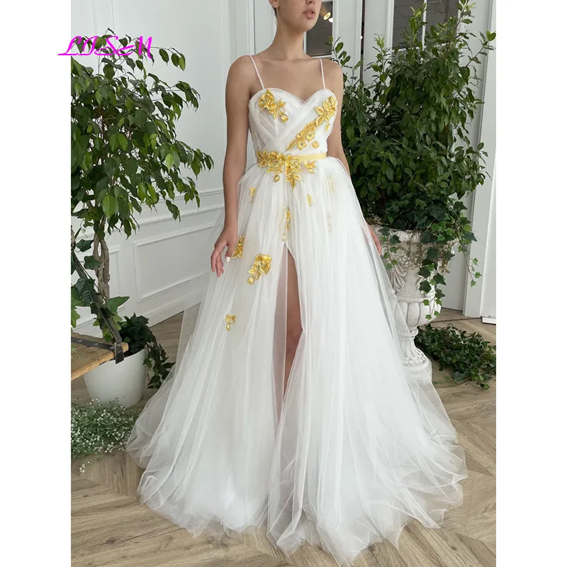

Sweetheart Straps Tulle Prom Dress Sexy Side Split Lace Aplliuqes Long Evening Dresses White Formal Party Gowns