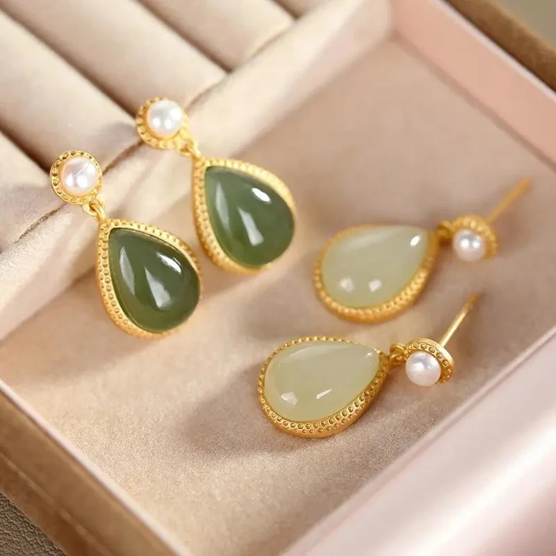 

Natural Hotan green chalcedony water drop shaped silver ear pendant Chinese style retro unique craft gold women's gift