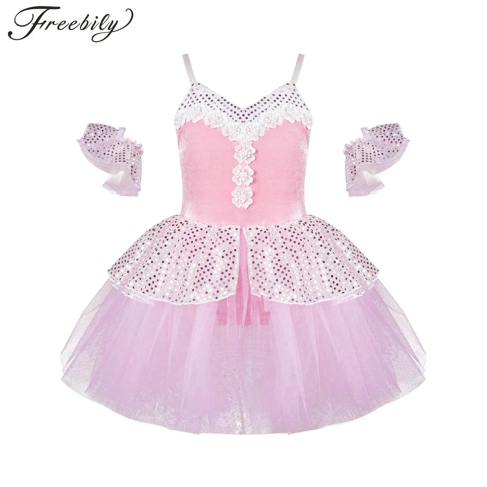 

Kids Girls Sleeveless Shiny Sequin Ballet Leotard Dresses with Cuffs Adjustable Straps Mesh Princess Tutu for Party Performance