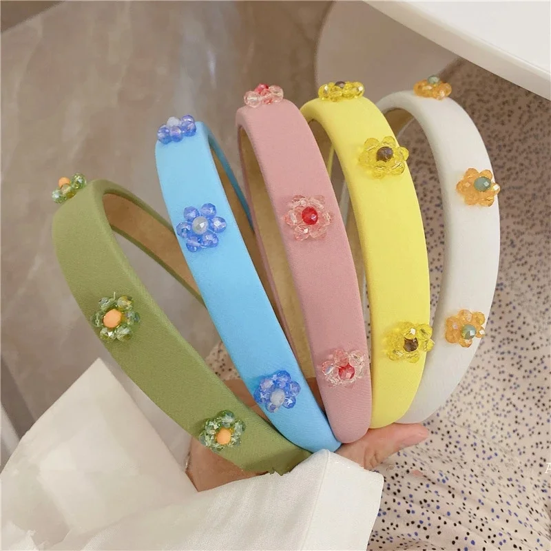 

Spring Tender Pink Green White Cloth Crystal Flower Hairwear for Women Girls Sweet Fashion Cute Hairband Hair Jewelry Gifts