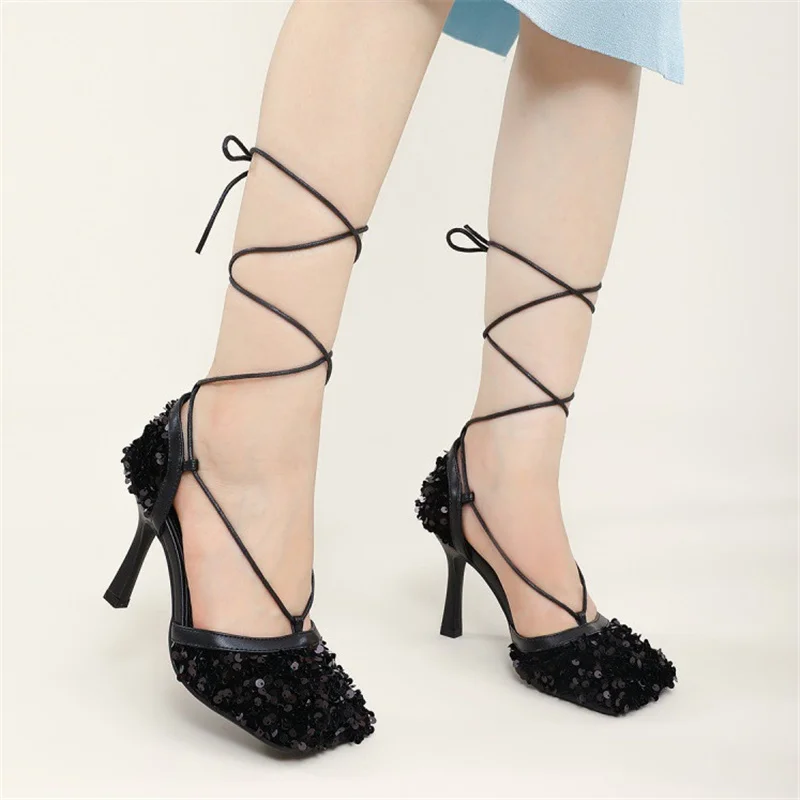 

Летние Новые дизайнерские женские сандалии с носком, ремешком на щиколотке, туфли на высоком каблуке, блестящие женские туфли-лодочки на ка...