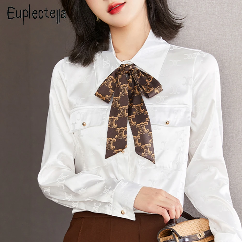

Euplectella Spring New Fashion Print White Chiffon Blouse Full Sleeve Turn-Down Collar Loose Casual Shirts Button Up Basic Tops