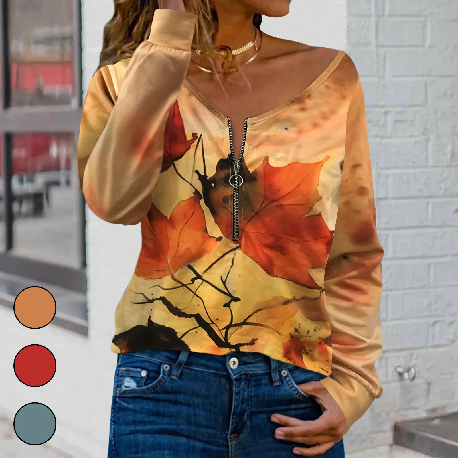 

Autumn and Winter New Women's Fashion Loose Long Sleeve Top Sweater Casual V-neck Zipper Tops Shirts Female and Lady Clothing