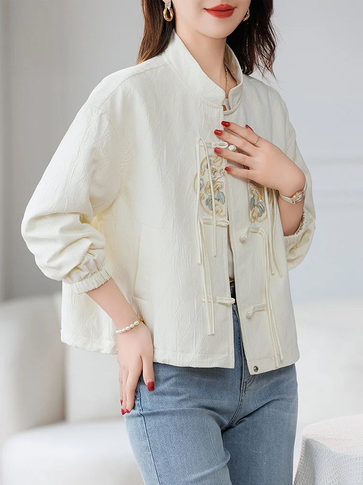 National Sle Buckle Tassel Short coat Women 2024 Spring and Autumn New Middle-Aged Mom Stand Collar Chinese Embroidery Top